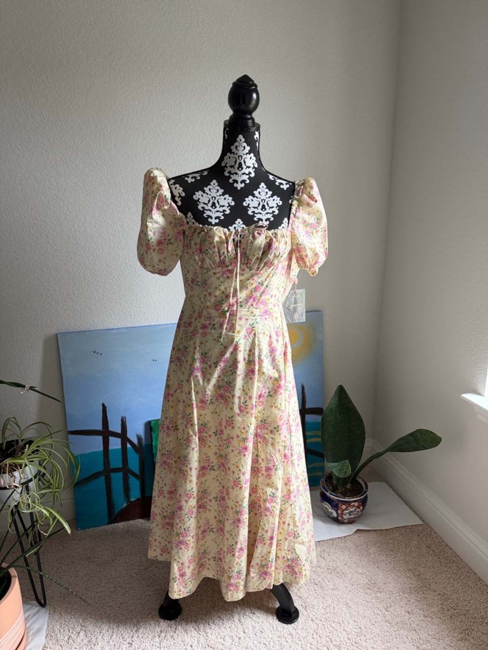 House of CB Yellow Floral Puff-Sleeve Maxi Dress with Pink Accents